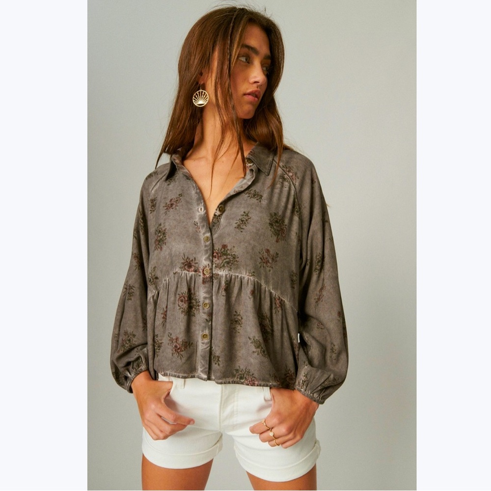 Lucky Brand Rose Print Button Down Blouse